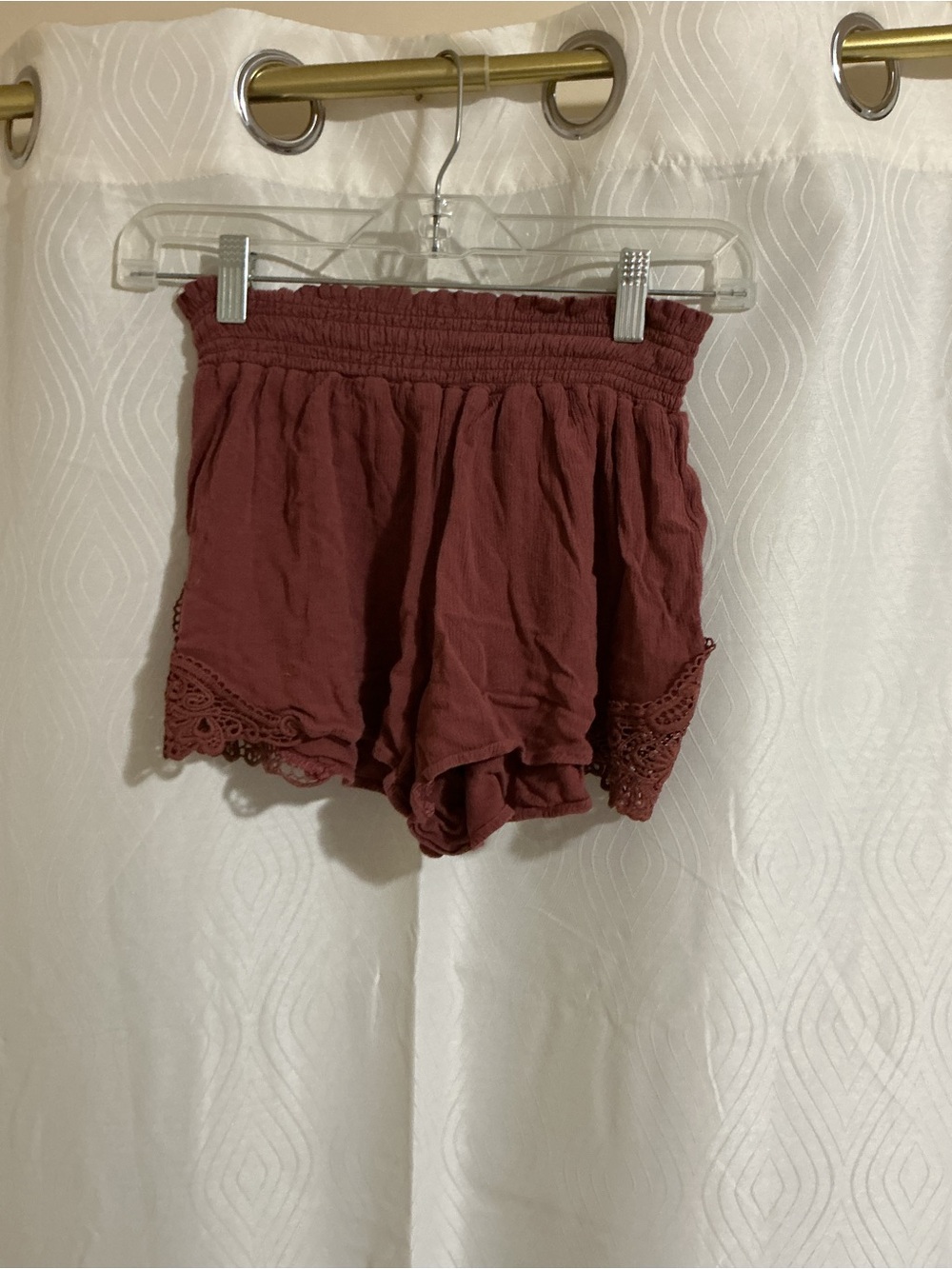 Ardene Rust Smocked-Waist Lace-Hem High-Rise Shorts